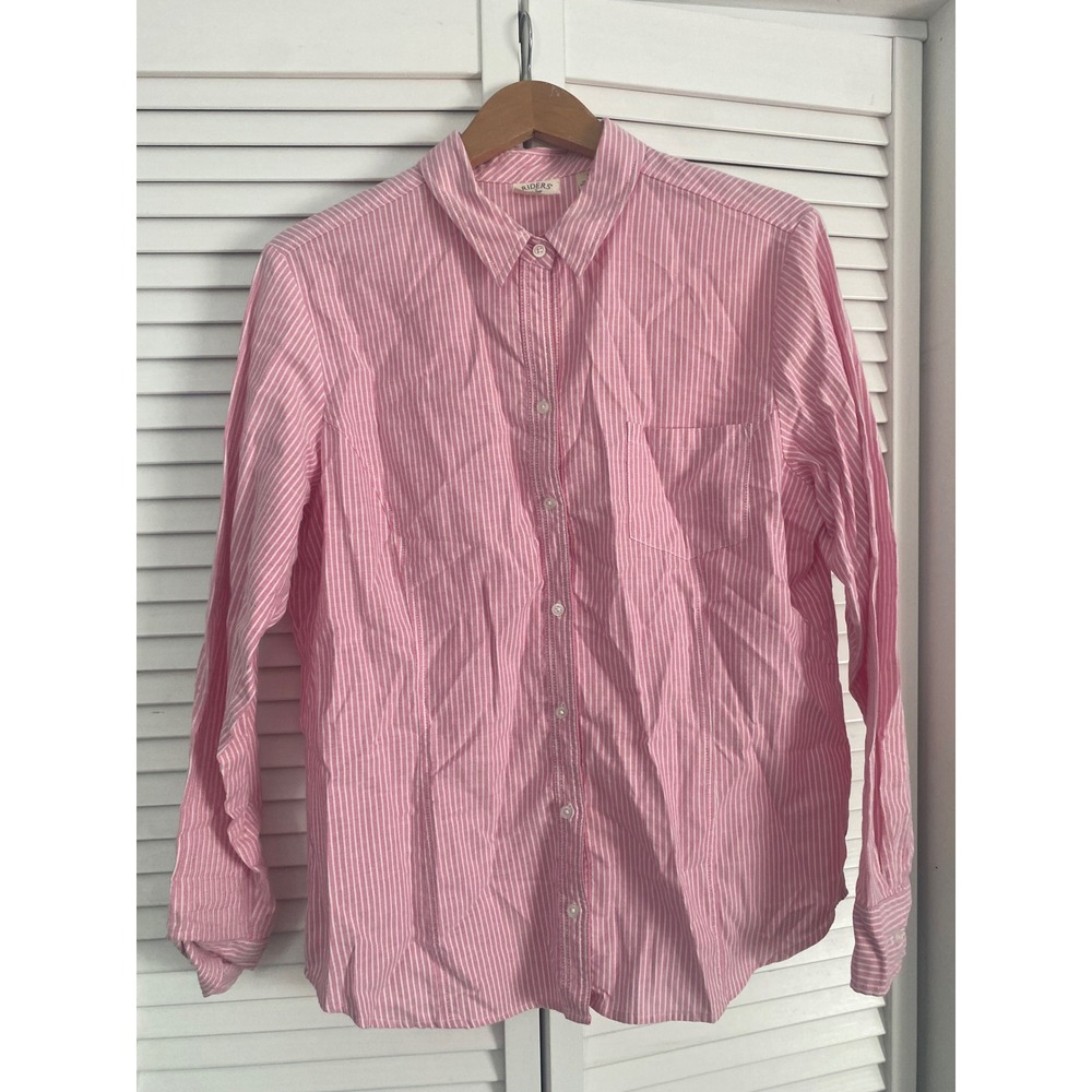 Riders by Lee Womens Pink White Striped Easy Care Button Up Shirt Size L